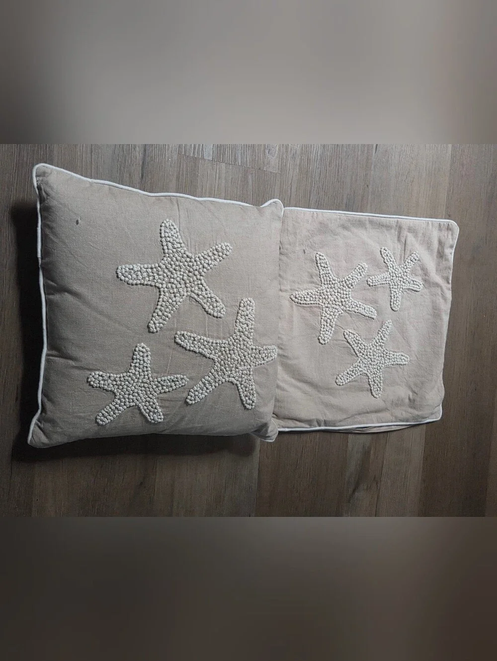 Beige Starfish Embroidered Throw Pillow Cover - Beach Cottage Coastal Grandma 1J